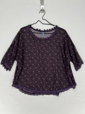 Free People Sheer Floral Print Kimono Top Womens Medium Purple Lace Trim Boho